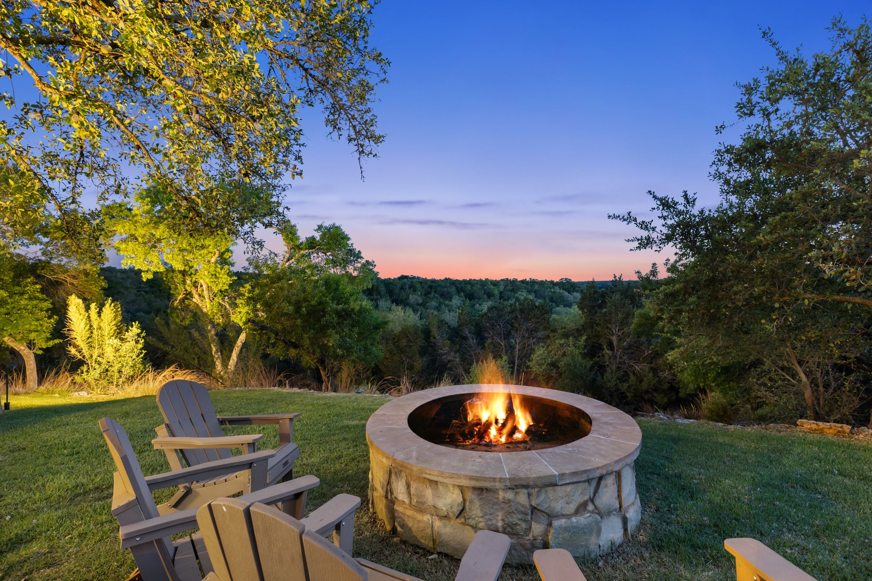 Pool and pergola at twilight at Lakehaven